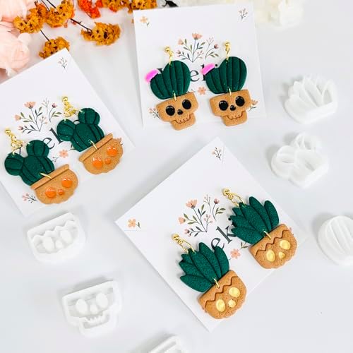 Xaekicr Halloween Cactus Polymer Clay Cutters – 6Pcs Skull Plant Clay Earring Cutters for DIY Halloween Jewelry – Cute Clay Tools for Polymer Clay Crafts
