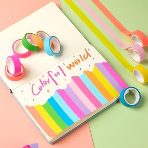 Colored Washi Tape Set 10 Rolls Fluorescent Solid Colors Decorative Masking Tapes for Arts, DIY Crafts, Journals, Planners, Scrapbook, Wrapping