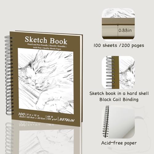 DSTELIN Hardcover Sketchbook, 100 Sheets Spiral Bound Sketch Pad (100 GSM Sketch Paper), 9" x 12" Drawing Paper Pad for Marker, Painting, Drawing and Sketching
