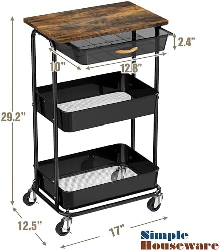 Simple Houseware 3-Tier Utility Cart with Drawer & Wood Top, Rustic Brown