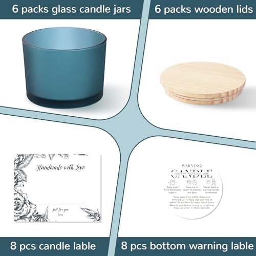 6 Pack Glass Candle Jars with Lids (16oz, Frosted Lake Blue) - Large Candle Jars for 3 Wick Candles Making - Empty Candle Jars Containers - Candle Making Accessories include 16Pcs Candle Labels