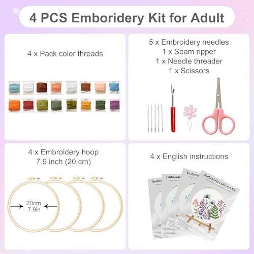 Huacan Embroidery Kit for Adults Beginners with 4 Hoops & Gift Box