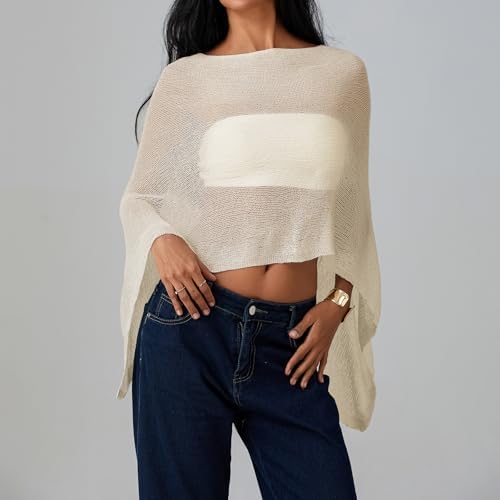 Women Sheer Knit Poncho Top Beach Cover Up Lightweight Crochet Shrug Y2k Summer See Through Shawl