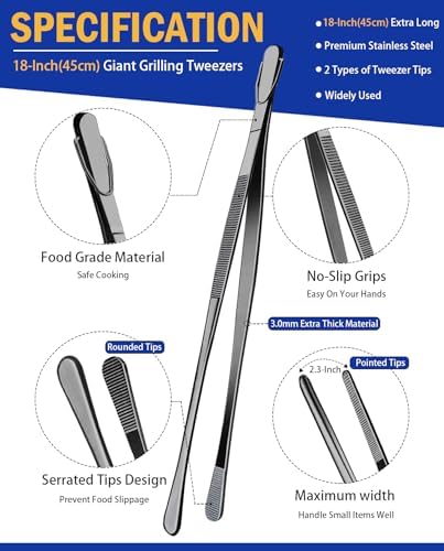 JETKONG 2 Pcs 18 Inch (45cm) Stainless Steel Grill Tongs Heavy Duty Giant Tweezer Tongs, Extra Large Tweezers Tools for Cooking, Grilling, BBQ and Turning Food (Black)