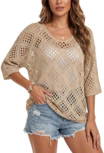 Womens Crochet Top Summer 3/4 Sleeve Cover Up V Neck Boho Tops
