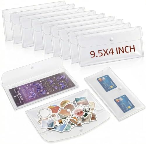 Sticker Organizer, Clear Plastic Envelopes with Snap, 12 Pack Waterproof and Durable for Sticker Storage, Scrapbook Storage, Washi Tape, Scrapbooking & Stamping Supplies (9.5 x 4 Inches)