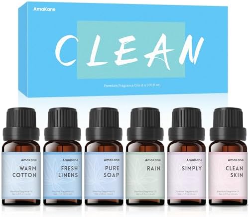 AmaKane Fragrance Oils Clean Set, 6 Soap Making Scents, Fragrance Oil for Candle Making, Essential Oils for Diffusers for Home for Laundry, Fresh Linen, Clean Skin, Warm Cotton and More