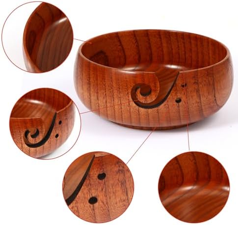 Wooden Yarn Bowl, 8" x 3" Knitting Tool with Holes, Handmade Rounded Edge for Crocheting, Storage Holder for DIY Sewing Supplies