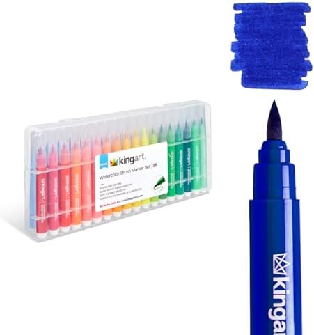 KINGART Brush Tip Watercolor Illustration Markers with Case, 36 Colors, Wide Barrel for Easy Hold, Water-based Non-Toxic Ink, Soft Flexible Tip for Graphic, Sketch, Comic Art, Manga & Lettering