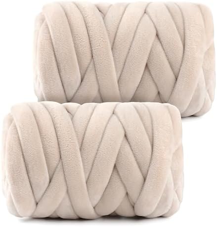 Chunky Yarn for Hand Knitting- Velvet Chenille Tube Yarns- Jumbo Yarns for Blankets, Pet Beds, Machine Washable (0.66 Lb/18.59 Yd), Easy No-Tool Arm Knitting & Crochet Project (2, Beige)