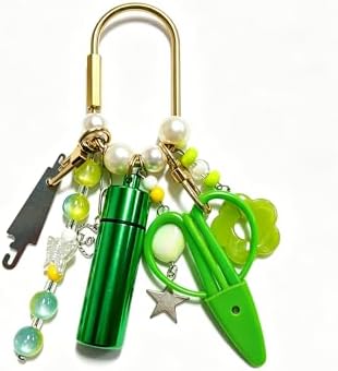 MEYAGO Needlepoint Bag Charm Tool Kit with Mini Embroidery Scissors, Needle Threader, Needle Holder Tube & Gold Keyring, Portable Embroidery Accessories for Cross Stitch Sewing DIY Crafts (Green)