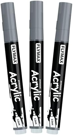 FLYMAX Grey Marker Paint Pens - Permanent Marker Pens Grey Acrylic Paint Water-Based 2.5mm Medium Tip Waterproof Quick-Drying (3 in 1Pack)