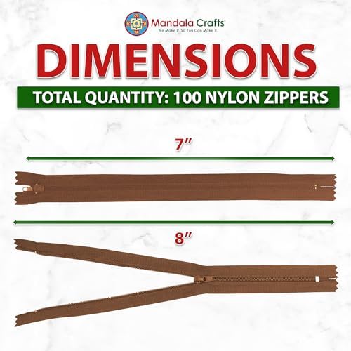 Mandala Crafts 100 PCs Brown Closed-End 7 Inches Nylon Zippers for Sewing