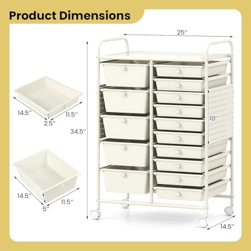 GOFLAME 15-Drawer Rolling Storage Cart with Pegboard, Craft Storage Cart with Lockable Wheels and Metal Frame, Art Cart Supply Storage Organizer for Home Office Classroom, White