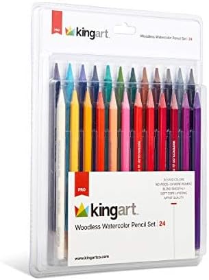 KINGART 315-24 Pro Artist Quality 24 Ct. Woodless Watercolor Pencil Set, 24 Soft Core, Pre-Sharpened Crayon Style Art Pencils, Use Wet or Dry, Professional to Beginner