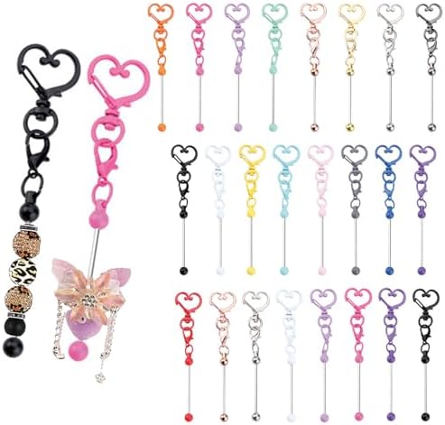 Beadable Keychain Colorful Heart/Triangle Shaped Blank Bar with Snap Hook for DIY Craft Making Kit