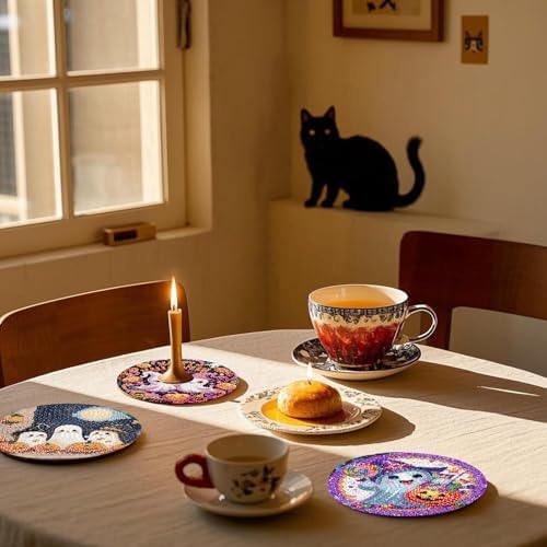 NEGEKFKX 8 Pcs Halloween Horror Ghost Diamond Art Painting Coasters Kits