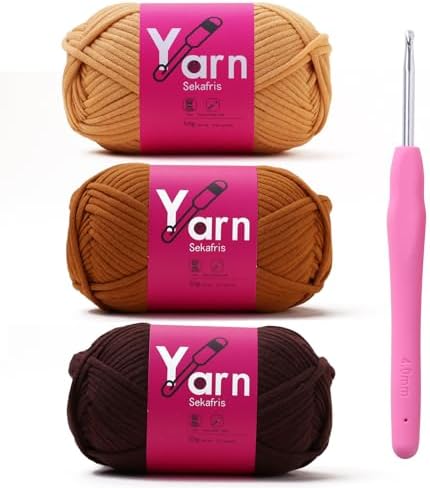 Crochet Yarn 150g/163.5yds Cotton Yarn for Crocheting - Crochet Knitting Yarn for Beginners with Easy-to-See Stitches - Yarn for Crocheting - Parfait Chunky Yarn (Khaki+Brown+Coffee)