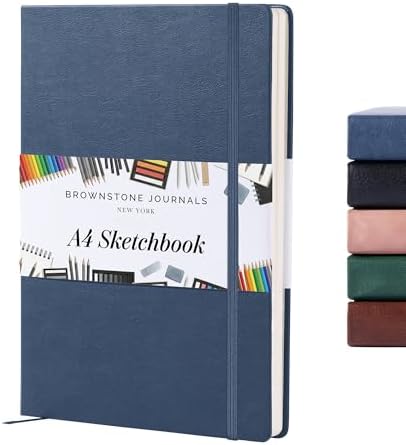 BROWNSTONE JOURNALS A4 Sketch Book Hardcover - 80 Sheets 100 GSM Paper | 8.5" x 11.5", Lay Flat, Vegan Leather Hardcover, Elastic Band, Back Pocket, Art Drawing Book for Adults & Students