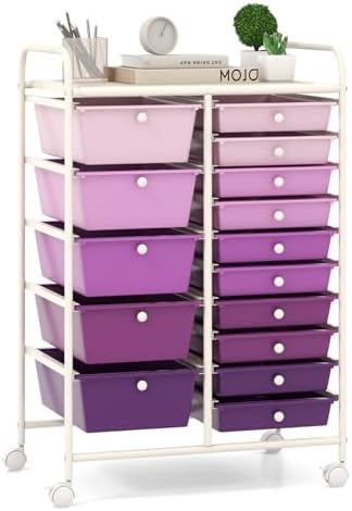Giantex 15 Drawers Rolling Cart, Classroom Organizers, Storage Cart with Wheels, for Teacher Office Home School Supplies Tool Craft Art Paper, Purple Gradient