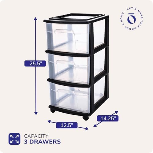 HOMZ Drawer Tower, 3-Tier Storage Cart with Removable Wheels, Black Frame