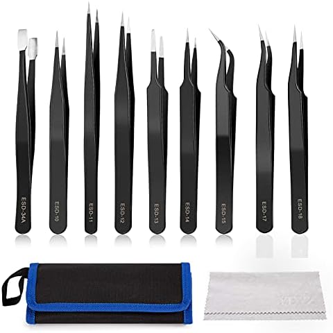 YHYZ 9PCS Precision Tweezers Set, Premium Anti-Static Stainless Steel Precise Tweezers (Fine, Curved, Flat), for Craft, Electronic, Soldering, Model, Hobby, Jewelry Making, Laboratory