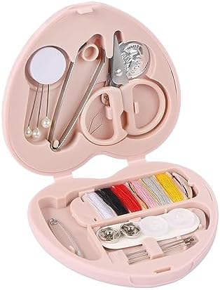 MIDELONG Heart Shaped Portable Travel Sewing Repair Kit - Mini Box with Threads, Scissors, DIY Hand Sewing Needles, Pink