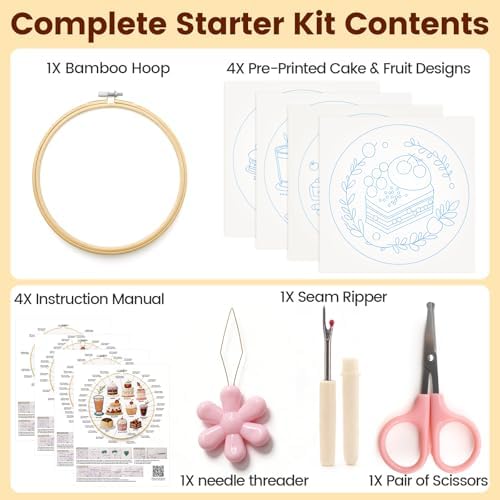 HGEKLIZV Embroidery Kit for Beginners Adults – 4Pcs Pre-Printed Cake & Fruit Patterns, Bamboo Hoop, Threads, Needles, Guide – DIY Hand Embroidery Craft, Home Decor, Gift for Women