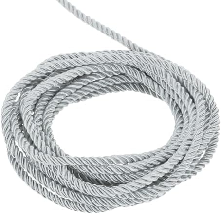 MECCANIXITY Twisted Cord Trim, 5 Yard 5mm 3-Ply Twine Braided Rope Shiny Thread String for Craft Gift Bag Curtain Christmas Decor, Silver - 5m