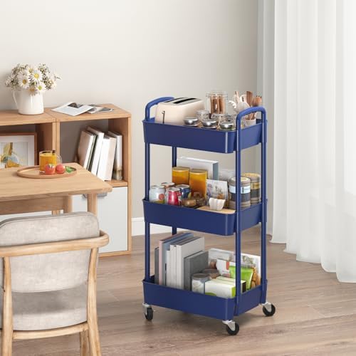 Sywhitta 3-Tier Plastic Rolling Utility Cart with Wheels for Storage,Blue