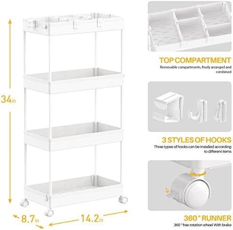 SPACELEAD 4 Tier Rolling Cart with Wheels, Storage Craft Art Trolley Organizer Serving, 3 Hanging Baskets Easy Assembly, for Office, Living Room, Kitchen