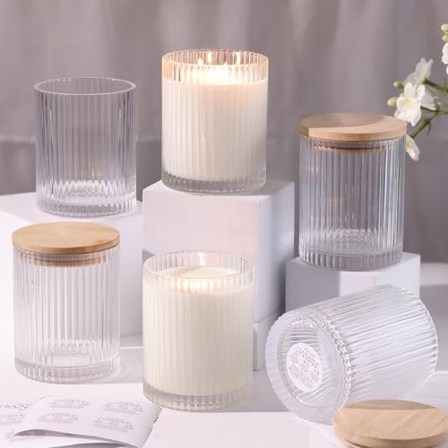 14OZ Clear Glass Candle Jars for Making Candles, 6 Pack - Empty Candle Jars Bulk with Bamboo Lids and Accessories, Ribbed Candle Vessels Containers for Candle Making