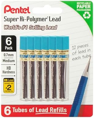 Pentel Super Hi-Polymer Lead Refills, 0.7 mm, HB, 72 Pieces (12 pcs per tube, 6 tubes)