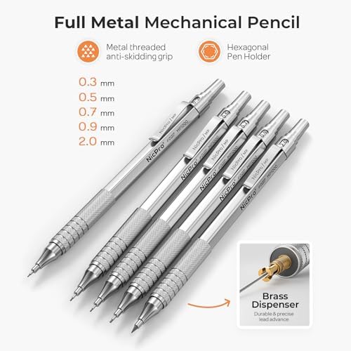 Nicpro Metal Mechanical Pencil Set 5 PCS Art Drafting Pencils For Sketching
