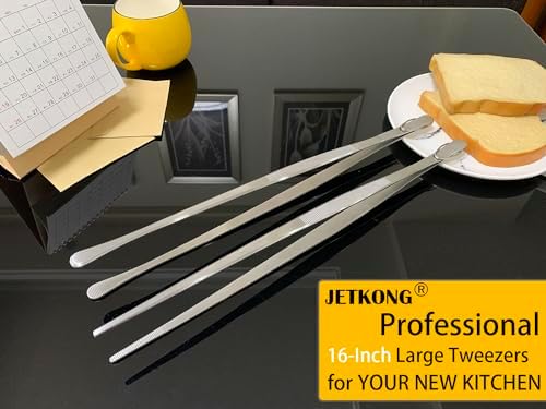 JETKONG 2 Pcs 16-Inch Kitchen Tweezers Extra Long Tweezer Tongs, Heavy Duty Stainless Steel Cooking Tweezers (Silver)