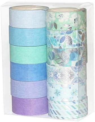 YUBBAEX 12 Rolls Blue Silver Washi Tape Set Masking Decorative Tapes (Blue Mix)