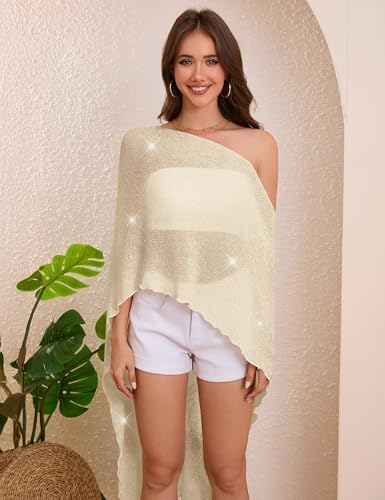 MAKABO Women's Crochet Sheer Poncho Top Lightweight Sparkly Shrug Pullover Knit Bolero Sweater Cover Up Beachwear