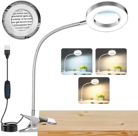 10X Magnifying Glass with Light and Stand,Hands Free Clip on Magnifier Lamp