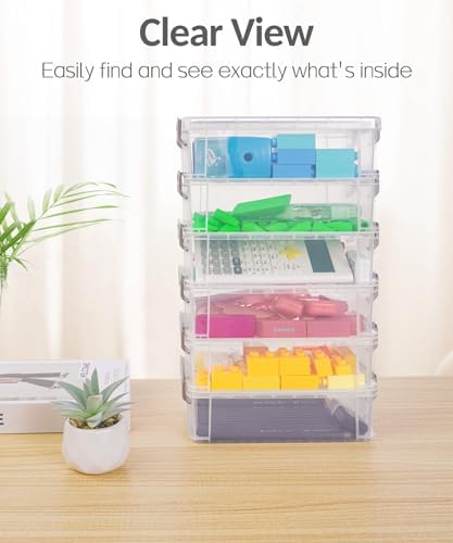 Sooez 6 Pack Small Plastic Containers with Lids, 6.4" x 4.4" x 2.7" | Clear Crayon Box Pencil Case, Stackable Stroage Organizer for Beads Craft Art Supplies, Storage Bins for Jewelry Stickers