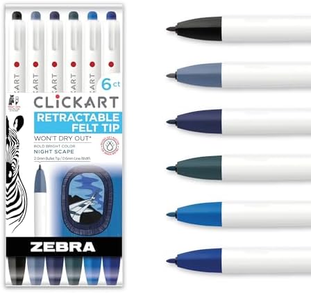 Zebra Pen CLiCKART No Bleed Felt Tip Pen, Night Scape Ink, 0.6mm, 6-Pack