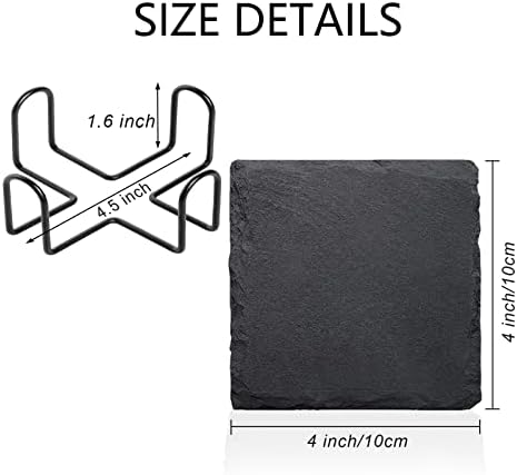 4 Pack 4 Inch Square Black Slate Coasters Set with Storage Holder