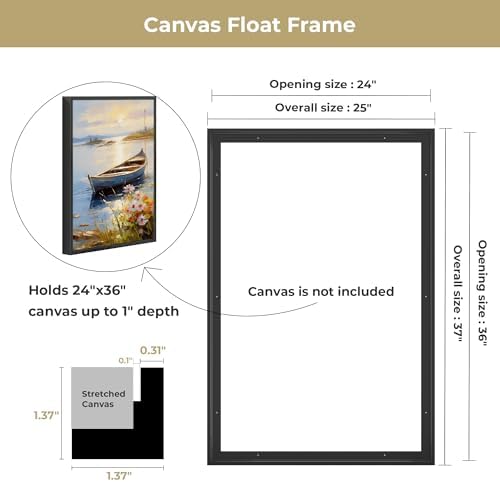 Venusmiles Canvas Frame 24x36 Frame for Canvas Painting Floating for 1" Deep, Floater for Canvas Artist Panel Oil Painting Wall Art Décor, Vertical or Horizontal Picture Wall Decor, Black
