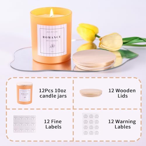 12Pcs Assorted Orange Candle Jars for Making Candles, 10oz Empty Jars with Bamboo Lids and Labels, Glass Candle Jars for Candle Making Supplies, Candle Containers for DIY Gifts