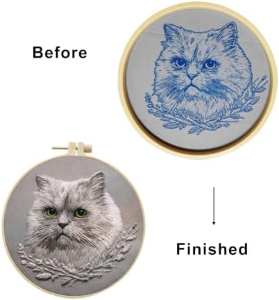 Grey Cat Embroidery Kit for Adults with Tools & Instruction