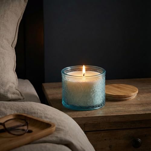 10 oz Blue Mandala Glass Candle Jars with Bamboo Lids, 9 Pack