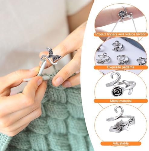 HUISUYTON 9PCS Crochet Ring for Finger with 30 Stitch Markers & 6 Needles