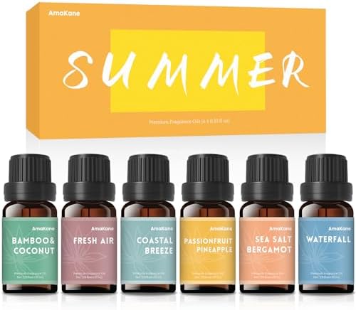 AmaKane Summer Essential Oils for Diffusers for Home, Tropical Fragrance Oil for Candle Soap Making, Aromatherapy Oils, Passionfruit Pineapple, Coastal Breeze, More, 6x10ml