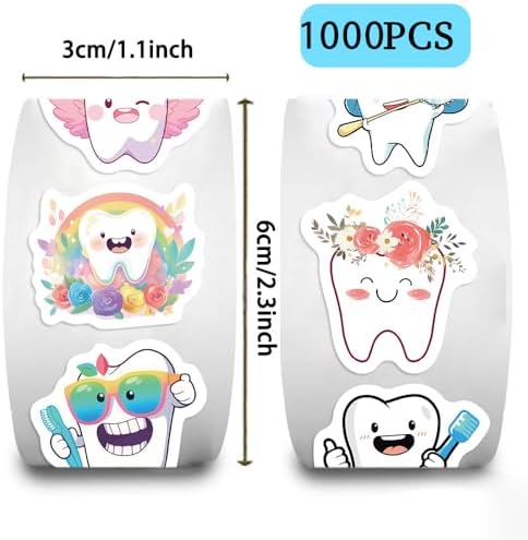 1000PCS Tooth Stickers Roll, 2 Rolls 10 Styles Dental Reward Stickers