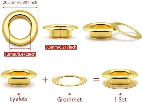 SEMINI 100 Sets 12mm Gold Grommet Eyelet Kit for Fabric Leather Crafts