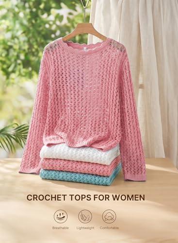 EVALESS Crochet Tops for Women Long Sleeve Hollow Out Knit Sweaters